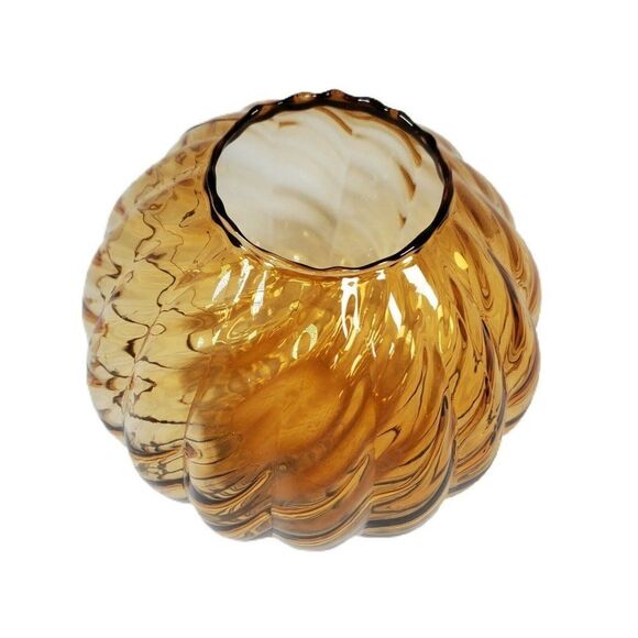 Vintage Hand Blown Art Swirled Glass Globe Round Amber Vase 5" Ruffled Edge Euc - Picture 2 of 6
